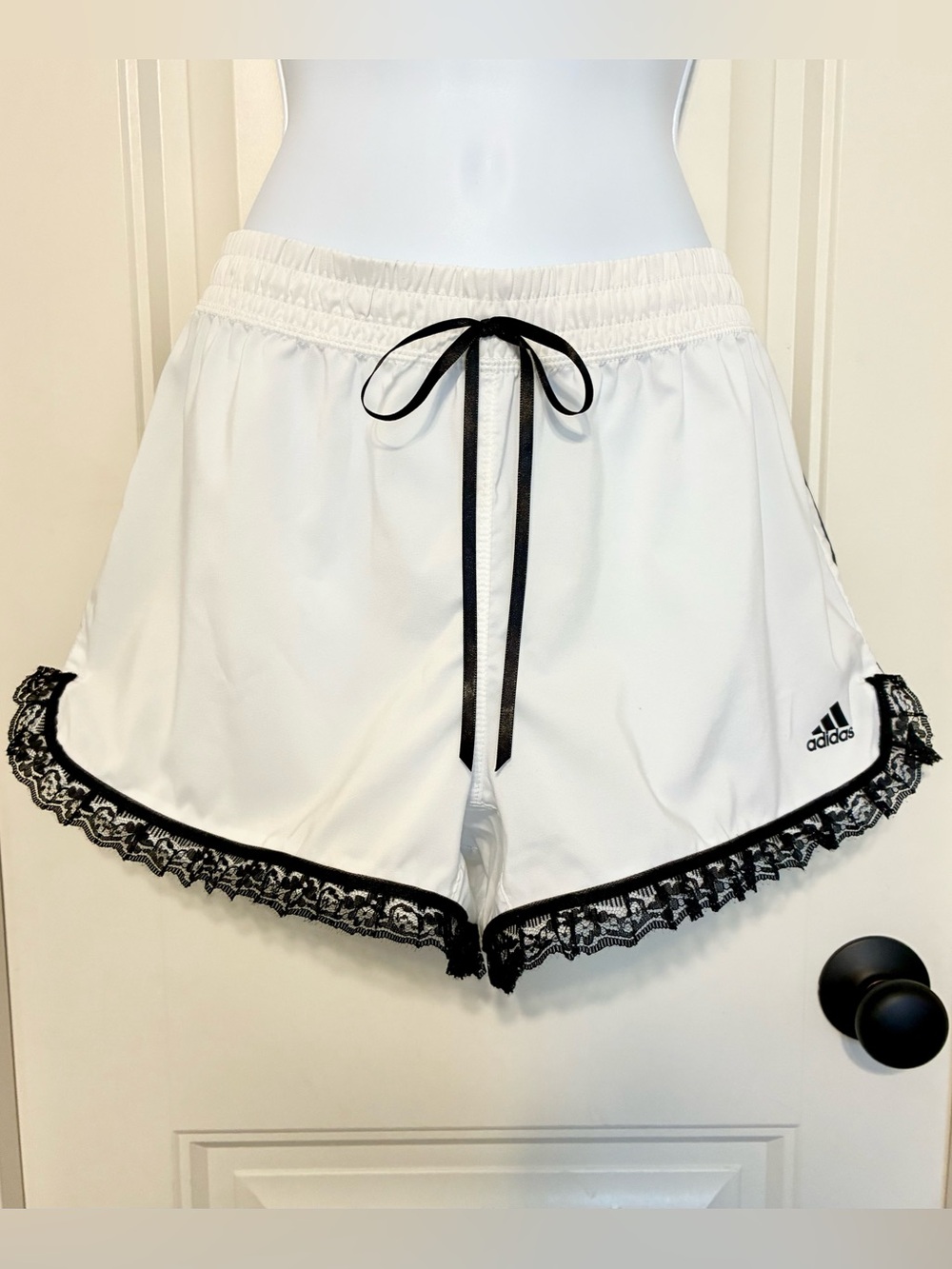 Adidas White Athletic Shorts with Black Lace Trim